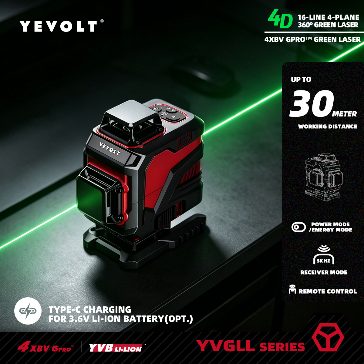 Industrial Laser Level - YEVOLT YVGLL4XS16 Series Green Laser Level
